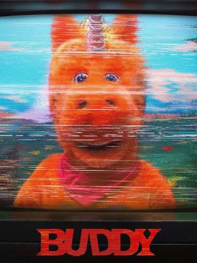 Bright orange unicorn Buddy from Casper Kelly’s 2026 horror comedy Buddy, which became a surprise indie box office hit with a $5.36 million opening weekend.