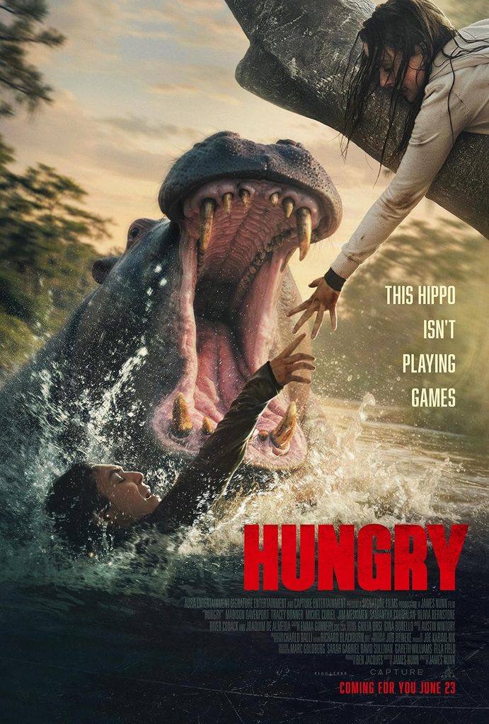 Hungry 2026 horror film featuring tourists trapped in the Louisiana swamps and hunted by a massive territorial hippopotamus.