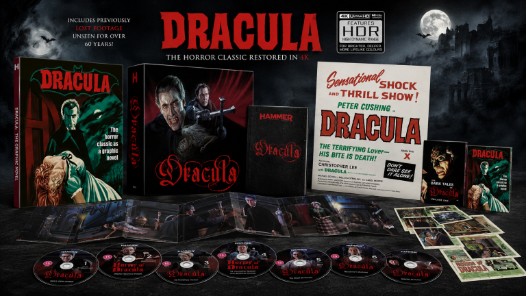 Christopher Lee as Count Dracula in Hammer’s 1958 Dracula, restored in 4K with previously missing footage, alongside Peter Cushing as Van Helsing.