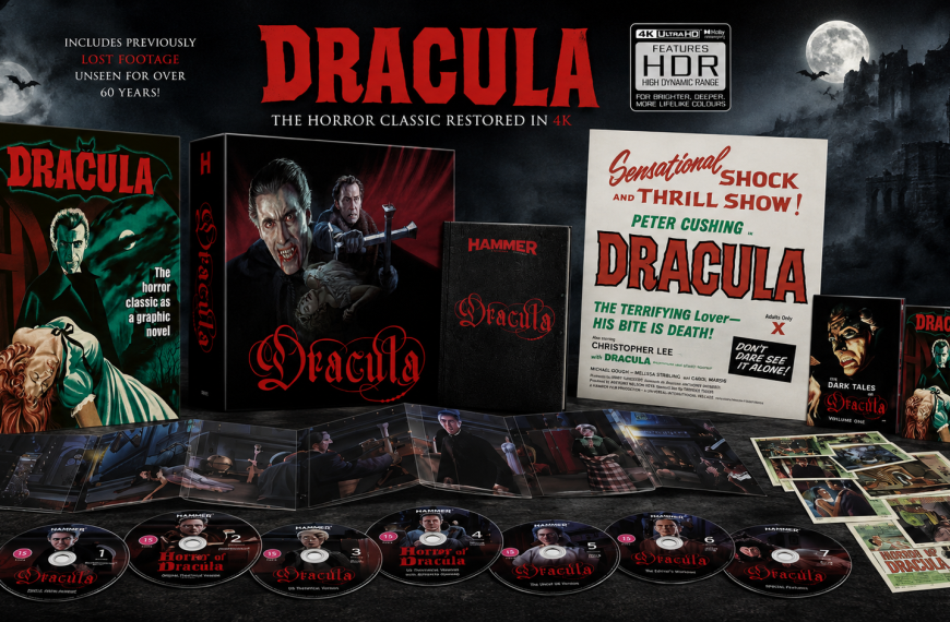 Christopher Lee as Count Dracula in Hammer’s 1958 Dracula, restored in 4K with previously missing footage, alongside Peter Cushing as Van Helsing.