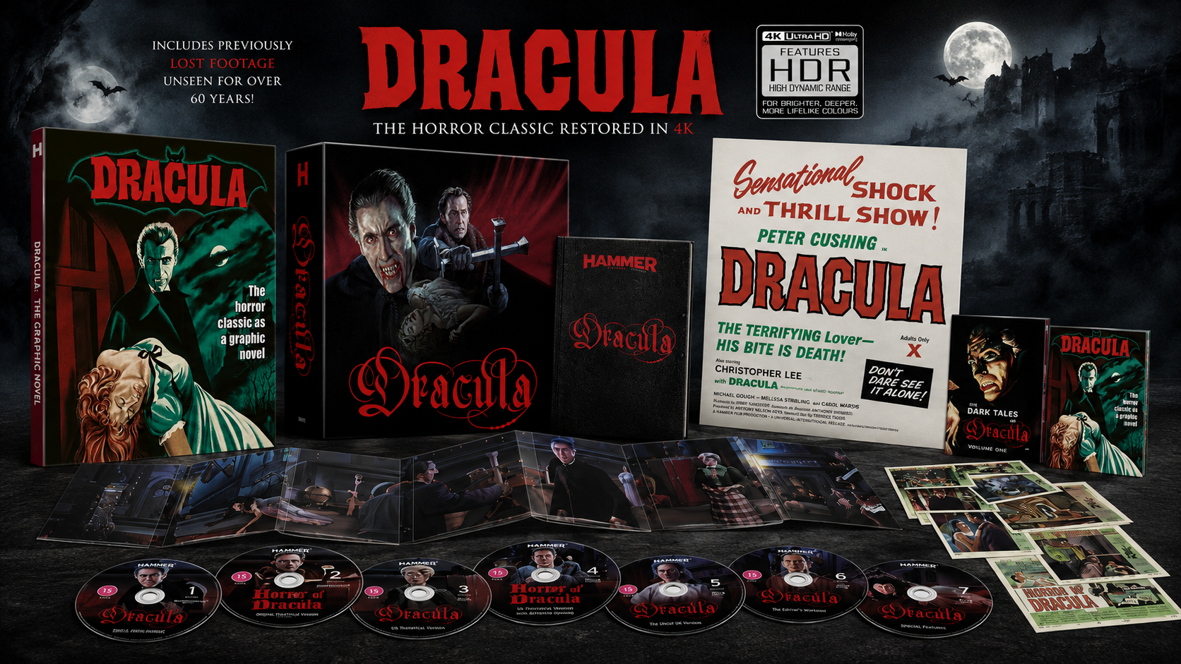 Christopher Lee as Count Dracula in Hammer’s 1958 Dracula, restored in 4K with previously missing footage, alongside Peter Cushing as Van Helsing.