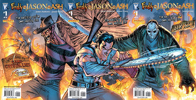 Freddy Krueger, Jason Voorhees and Ash Williams representing the abandoned Freddy vs. Jason vs. Ash movie crossover