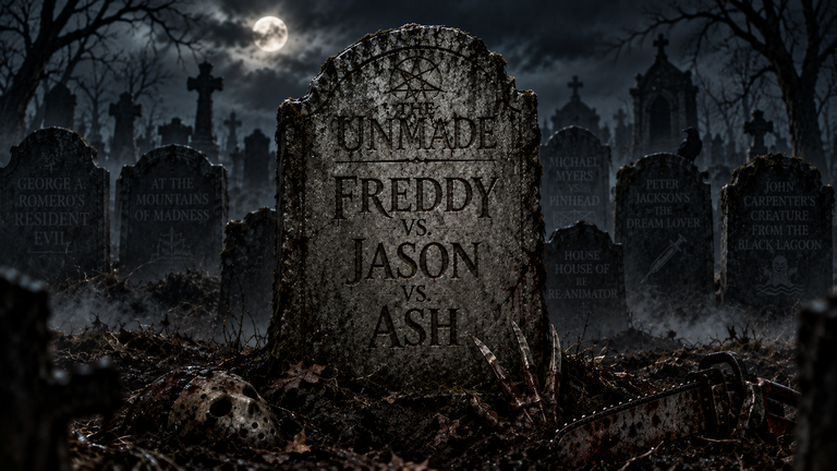 Freddy Krueger, Jason Voorhees and Ash Williams representing the abandoned Freddy vs. Jason vs. Ash movie crossover