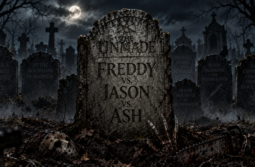 Freddy Krueger, Jason Voorhees and Ash Williams representing the abandoned Freddy vs. Jason vs. Ash movie crossover