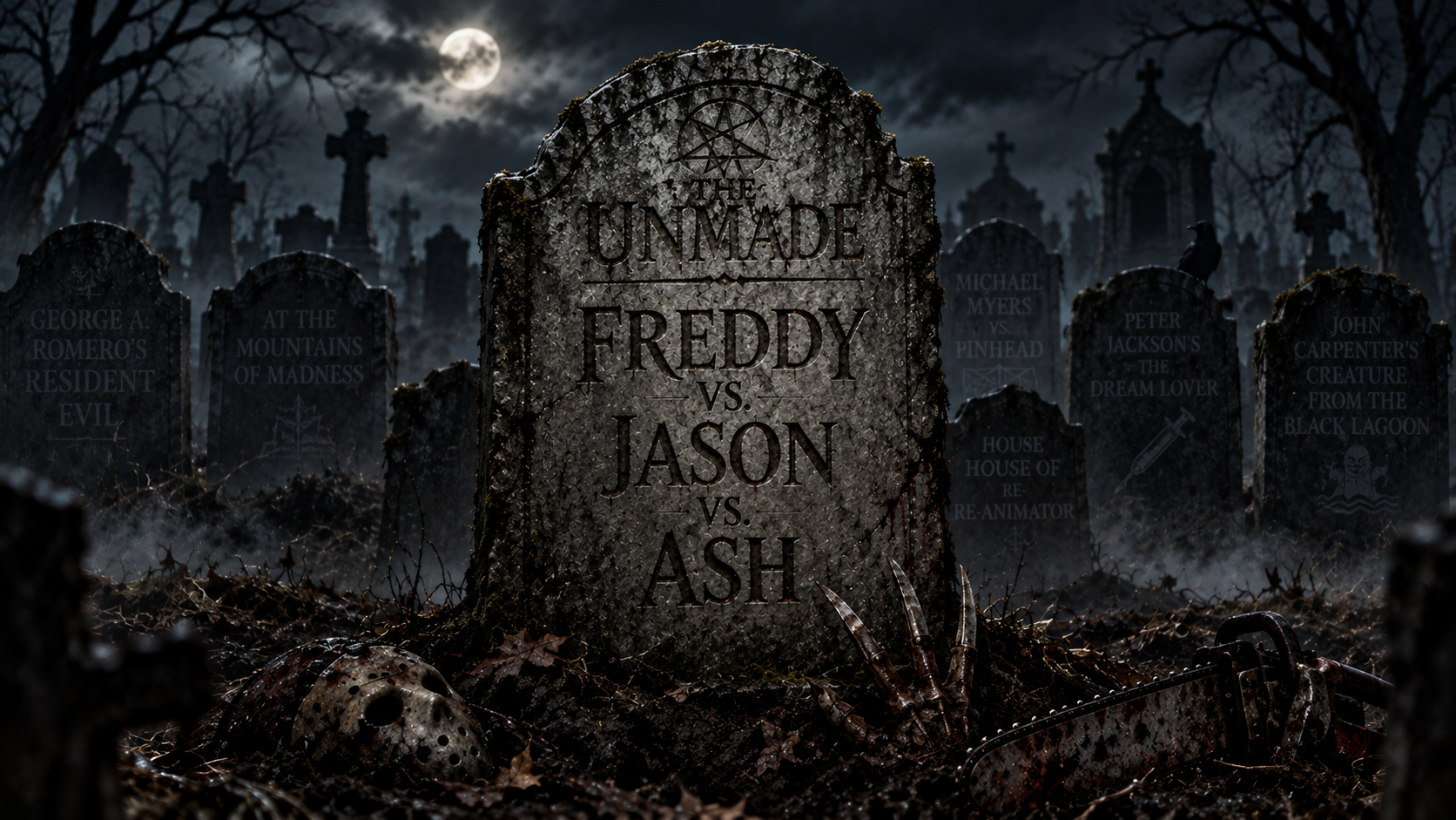 Freddy Krueger, Jason Voorhees and Ash Williams representing the abandoned Freddy vs. Jason vs. Ash movie crossover