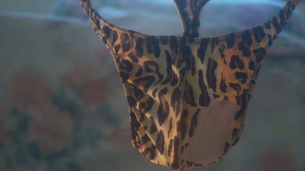 Rebecca Ambrosino as Alex in Killer Thong, Reno Anastasio’s bizarre comedy horror about a supernatural murderous leopard-print thong.