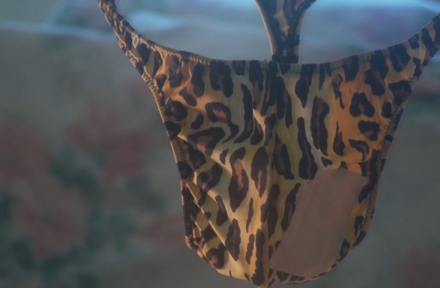 Rebecca Ambrosino as Alex in Killer Thong, Reno Anastasio’s bizarre comedy horror about a supernatural murderous leopard-print thong.