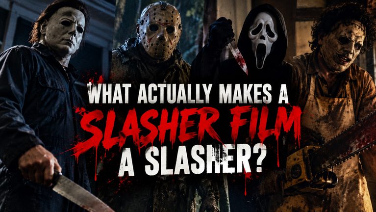 Michael Myers and classic slasher movie imagery representing the history and conventions of the slasher film genre