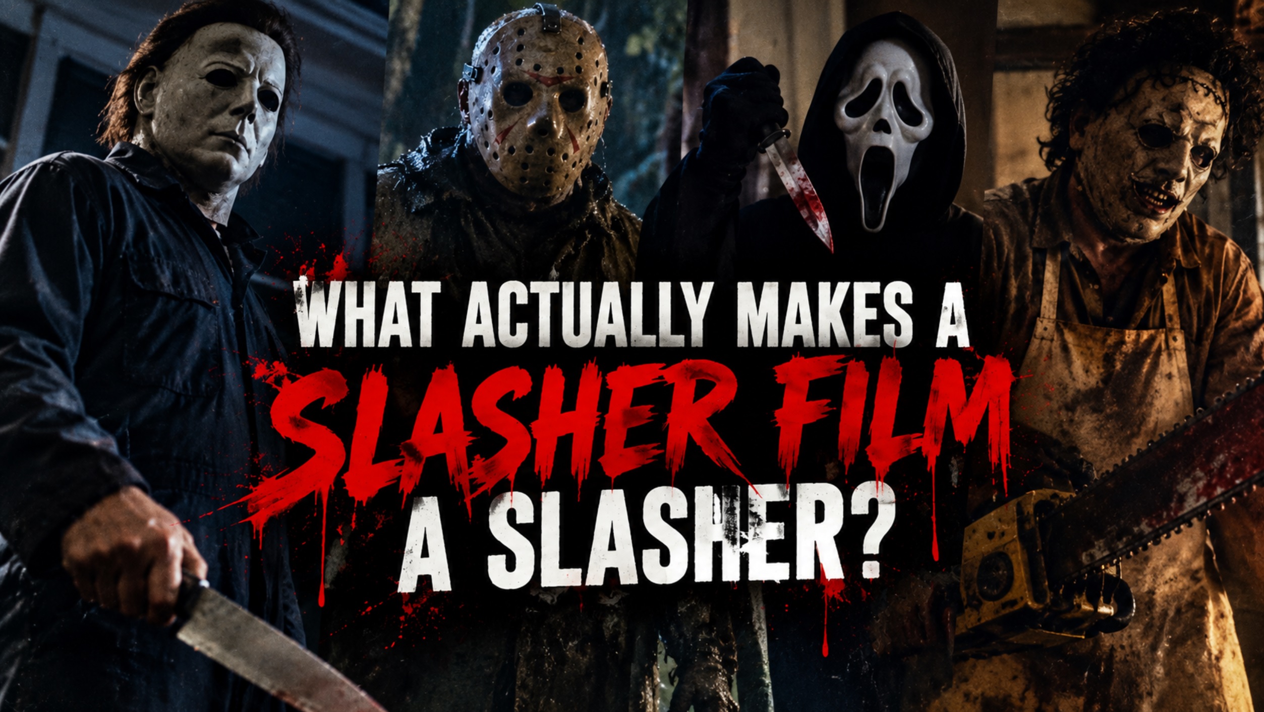 Michael Myers and classic slasher movie imagery representing the history and conventions of the slasher film genre