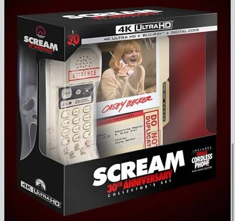 Scream 30th Anniversary 4K Collector’s Set featuring replica cordless phone and Woodsboro collectibles