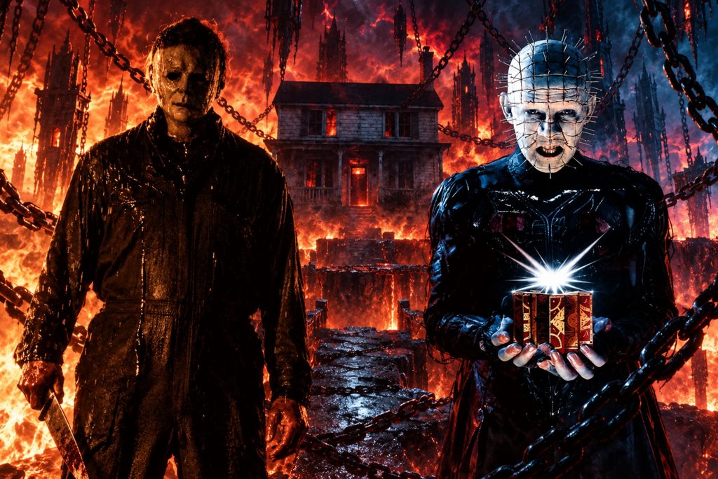 Michael Myers vs. Pinhead representing the unmade Halloween and Hellraiser crossover
