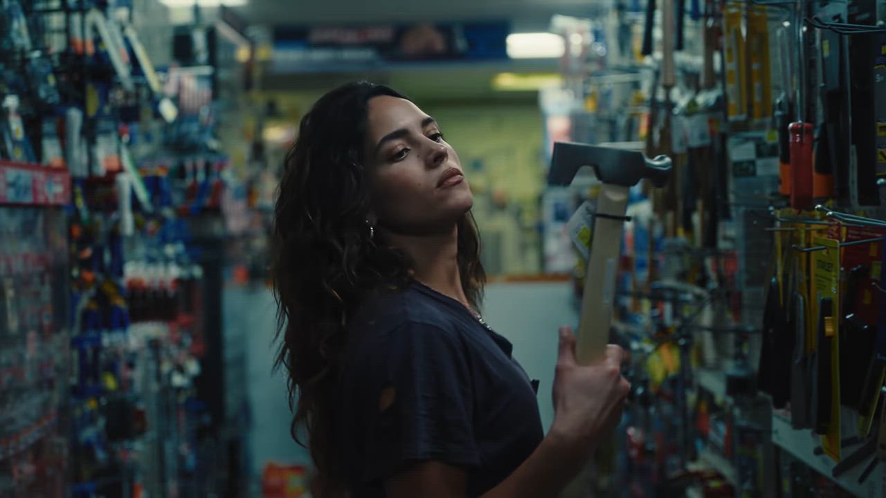 Adria Arjona as Celeste in Adam Wingard's action-horror film Onslaught