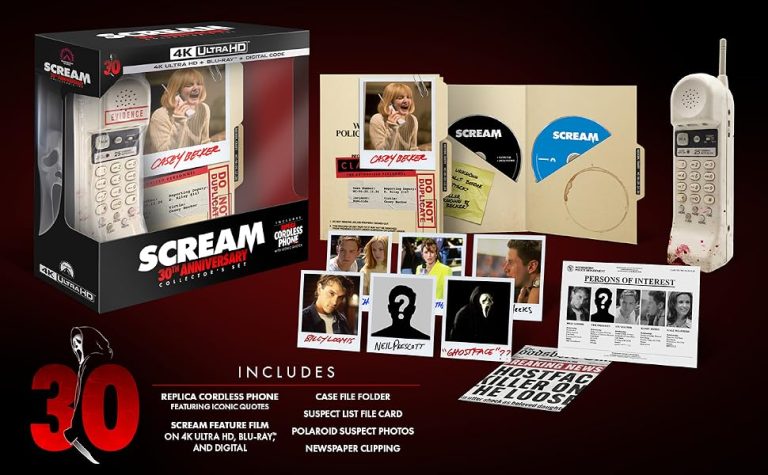 Scream 30th Anniversary 4K Collector’s Set featuring replica cordless phone and Woodsboro collectibles